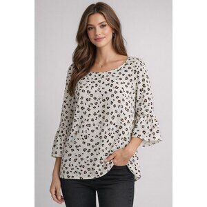 Elle Leopard Print Blouse Sz Medium White Brown Bell Sleeve Flowy Top Animal